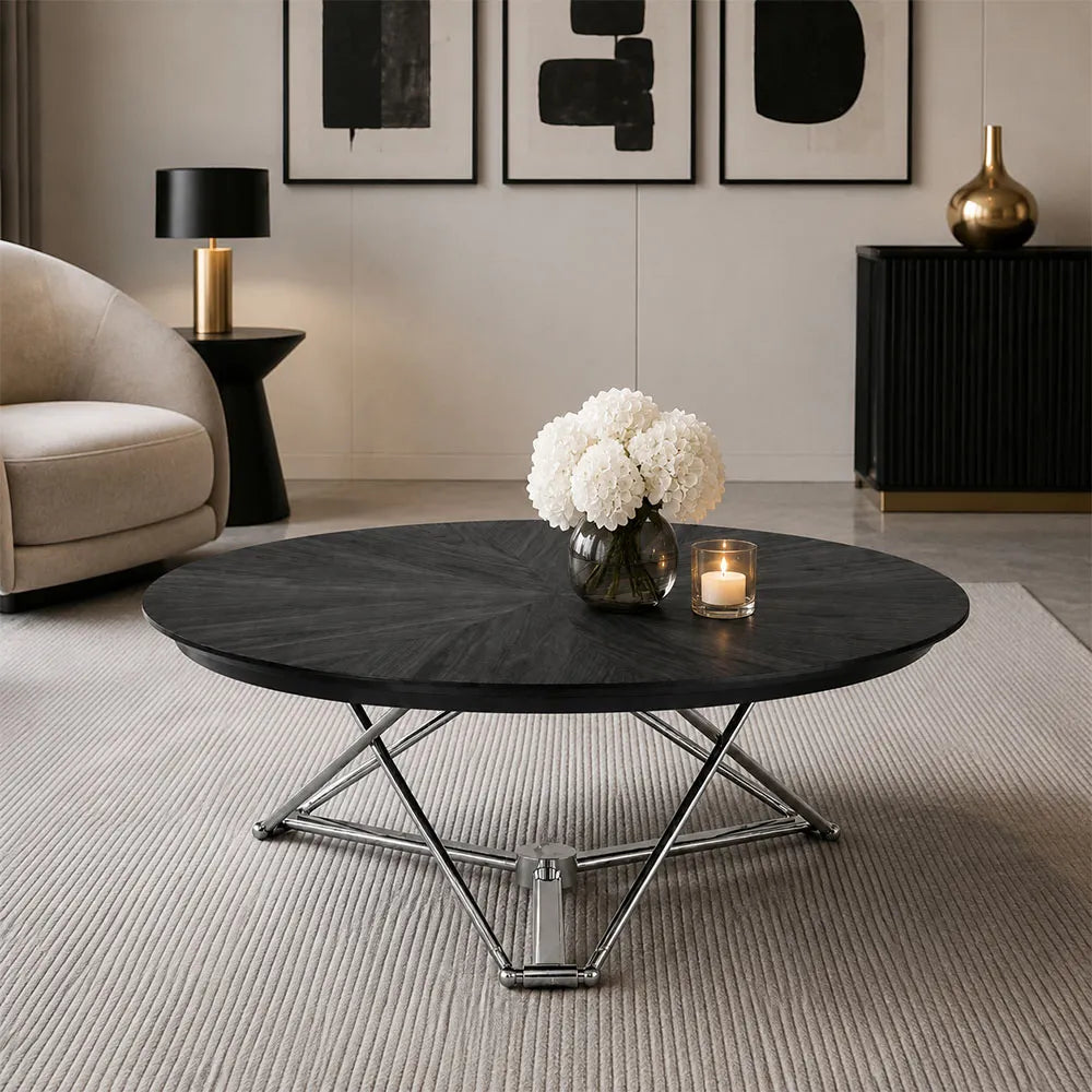 Height-adjustable coffee table with wood veneer top