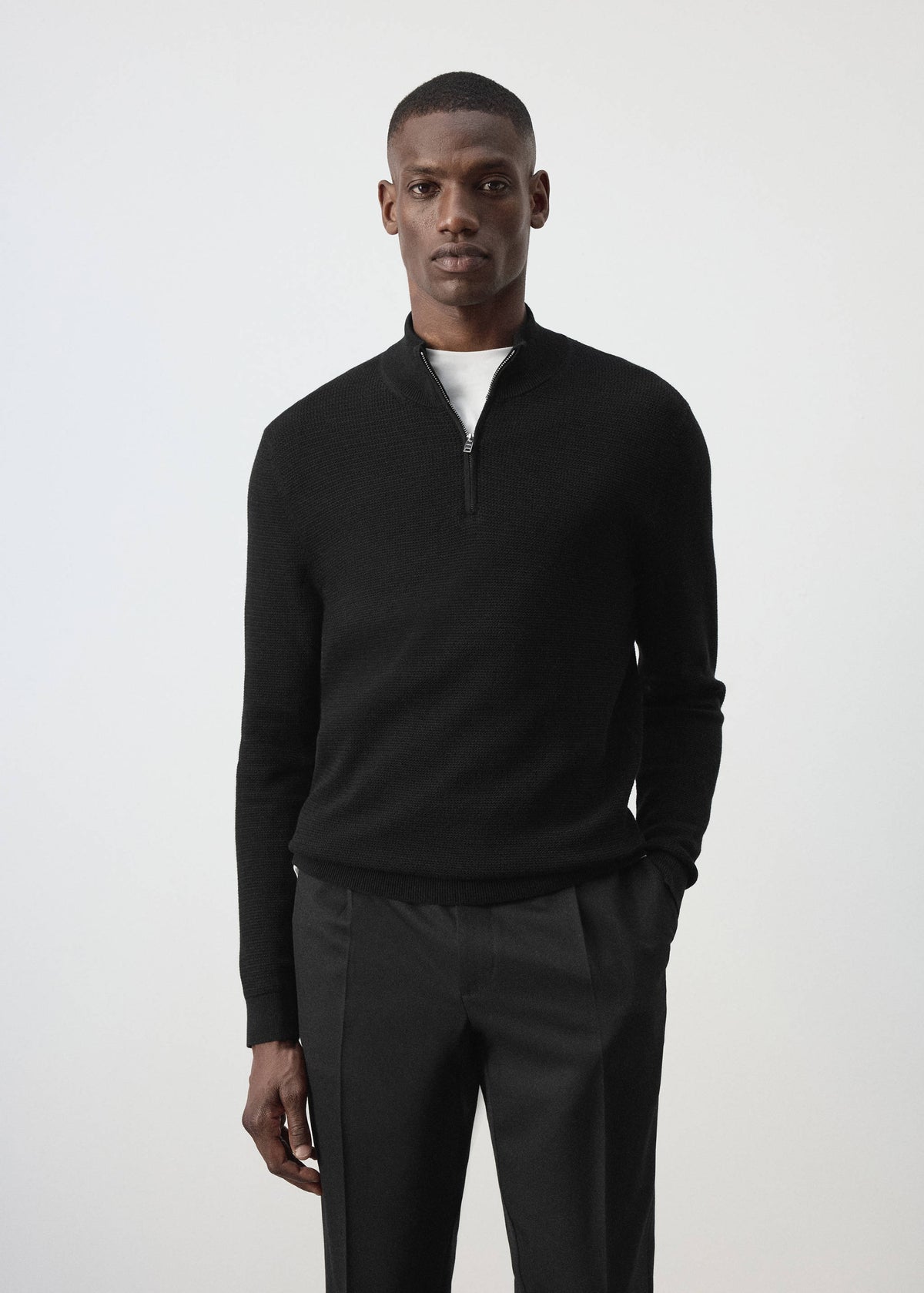 Cotton Blend Textured Zip Neck Jumper in Black - view 01