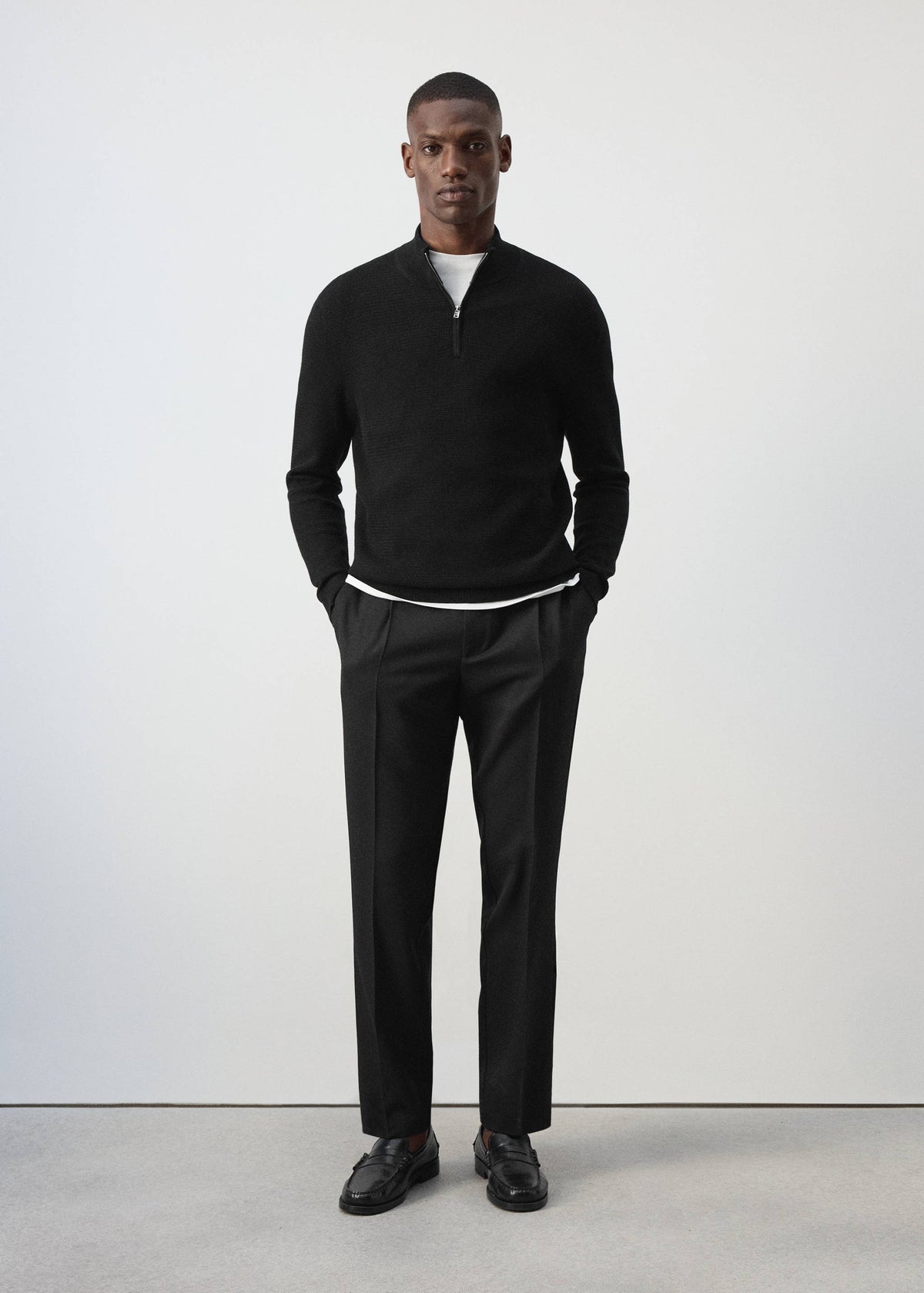 Cotton Blend Textured Zip Neck Jumper in Black - view 02