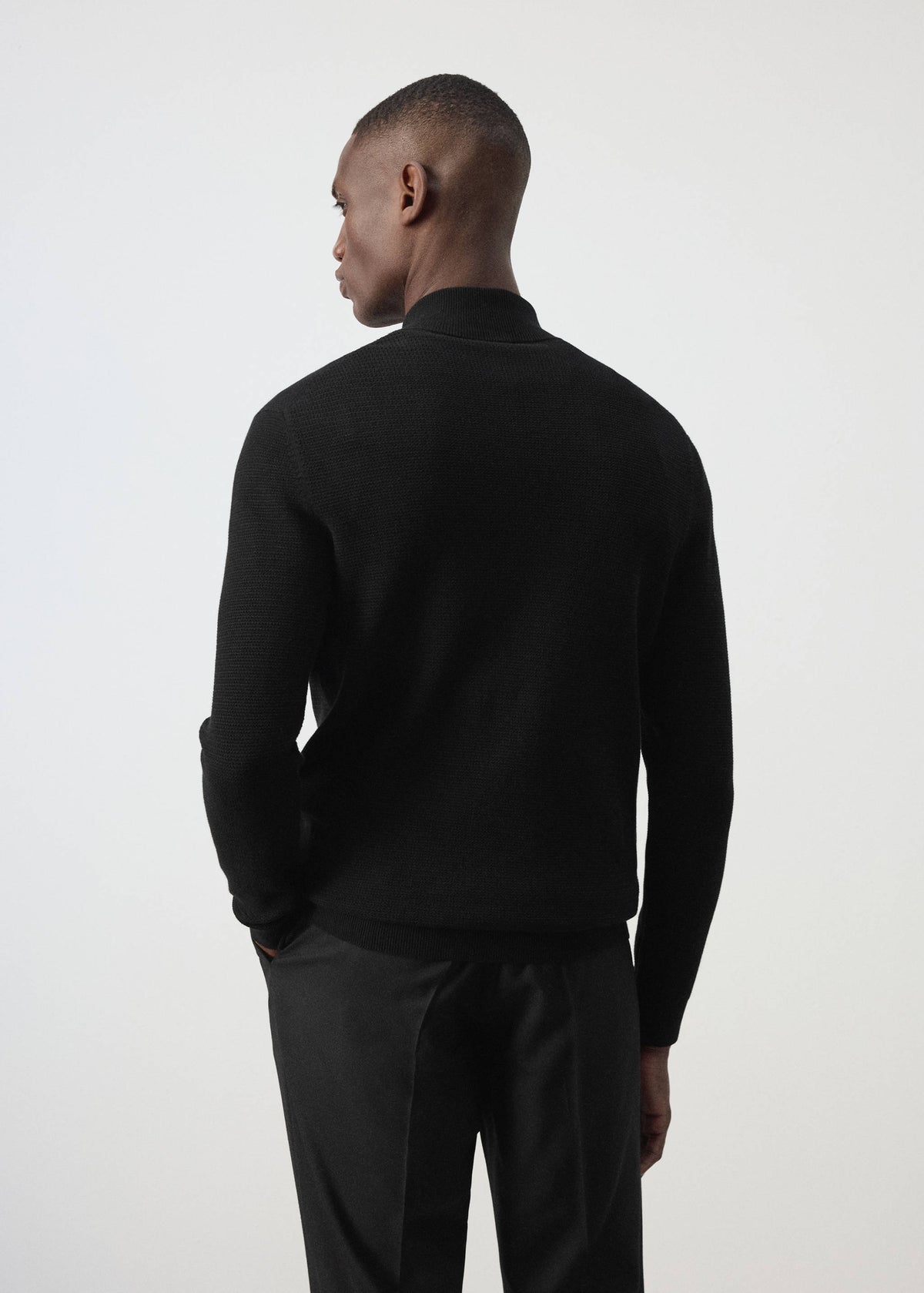 Cotton Blend Textured Zip Neck Jumper in Black - view 03