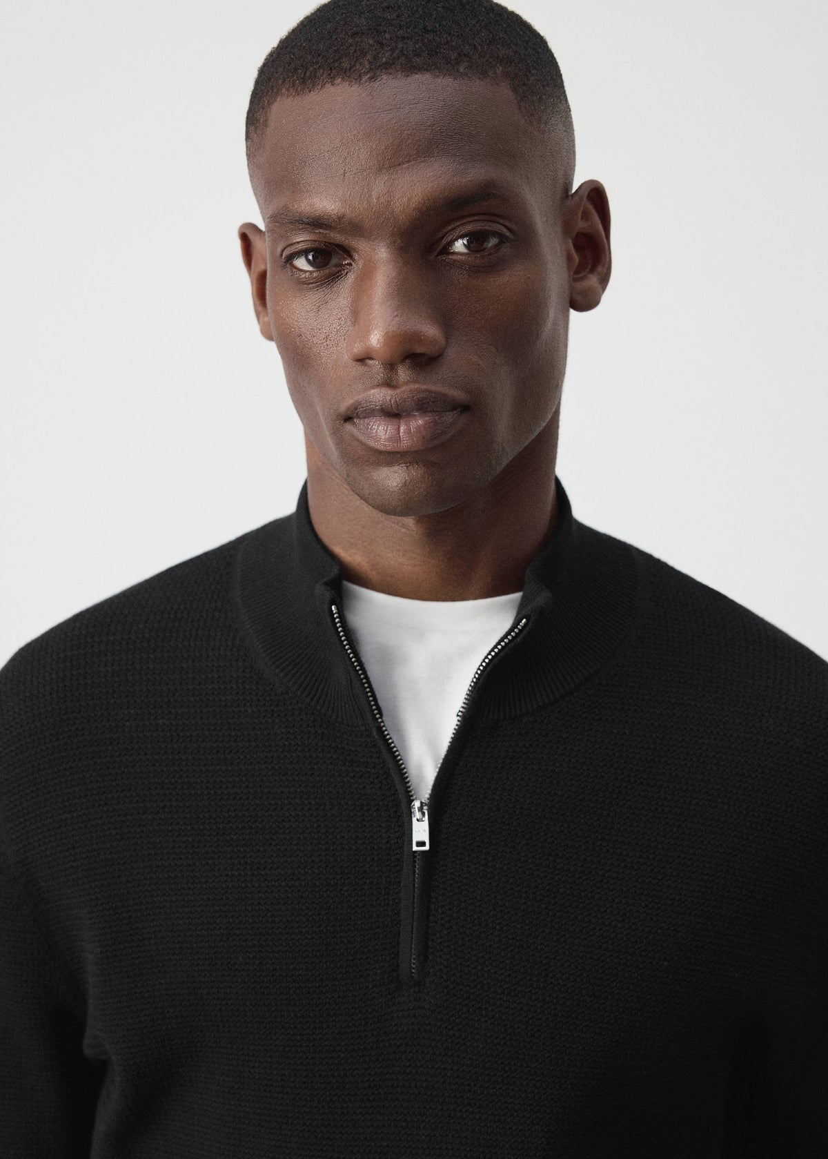 Cotton Blend Textured Zip Neck Jumper in Black - view 04