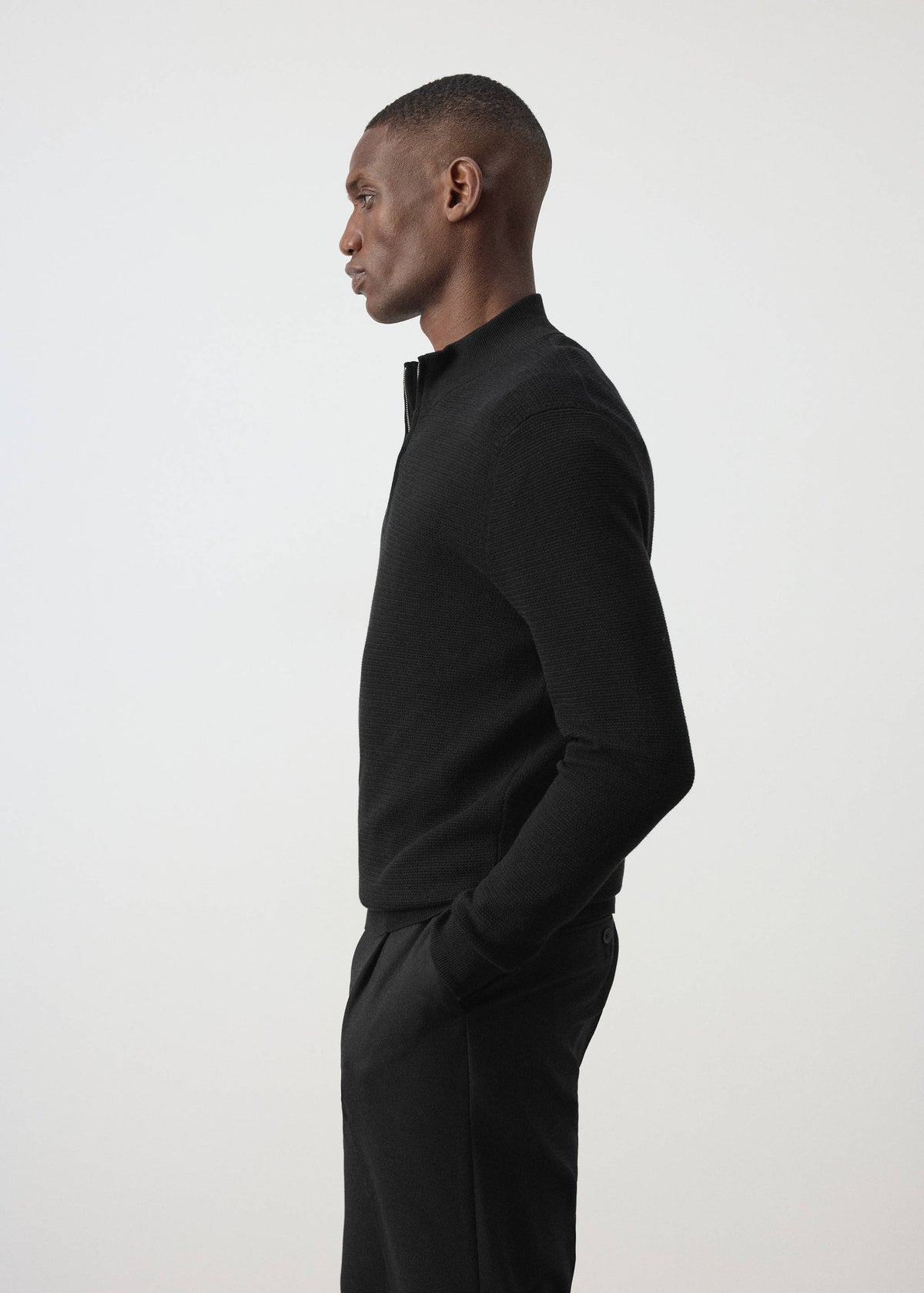 Cotton Blend Textured Zip Neck Jumper in Black - view 05
