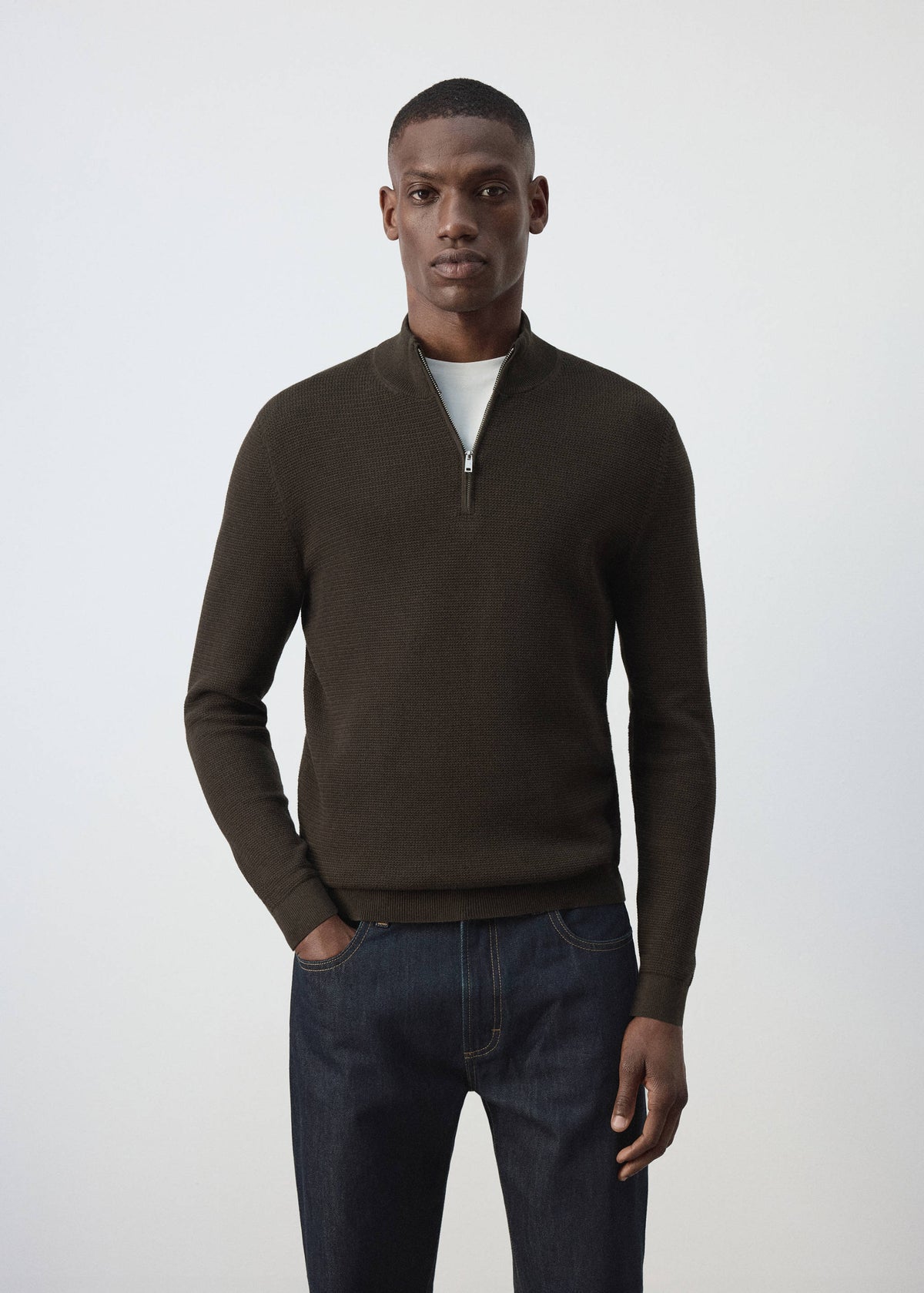 Cotton Blend Textured Zip Neck Jumper in Brown - view 01