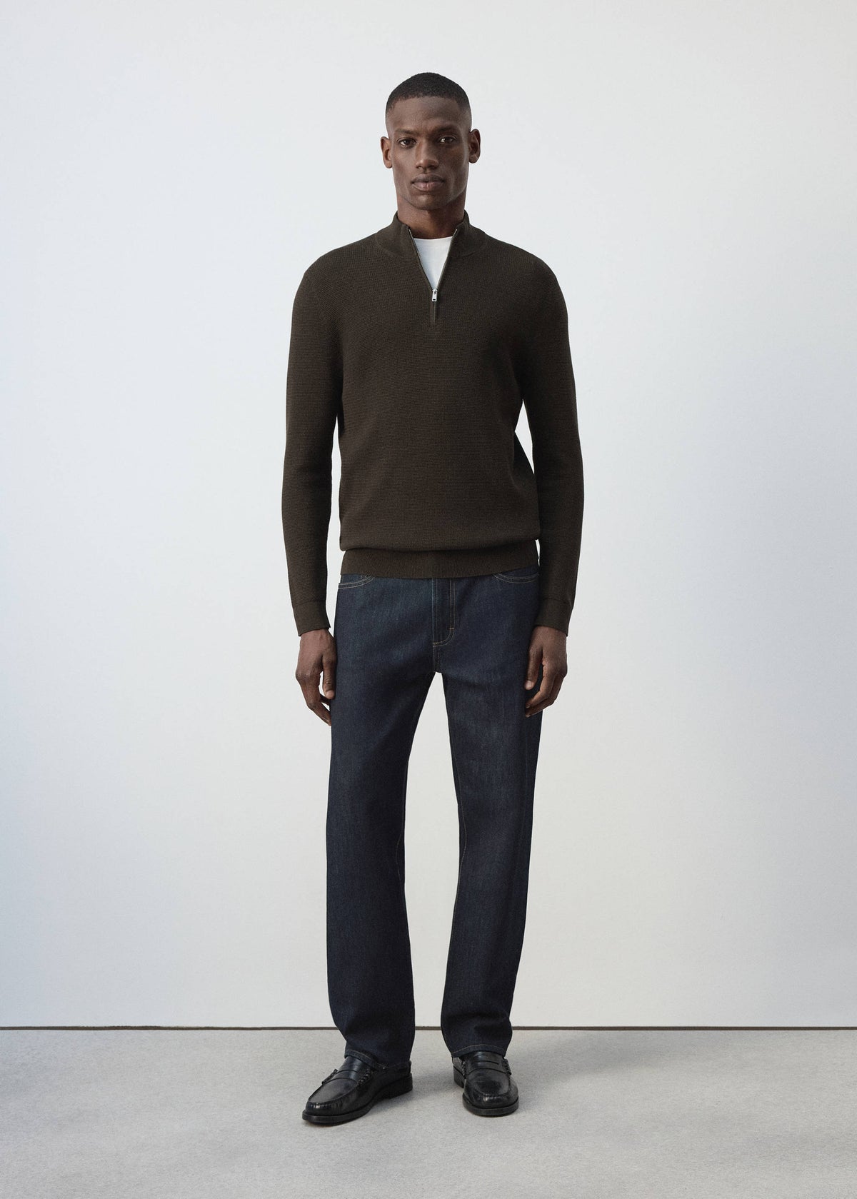 Cotton Blend Textured Zip Neck Jumper in Brown - view 02