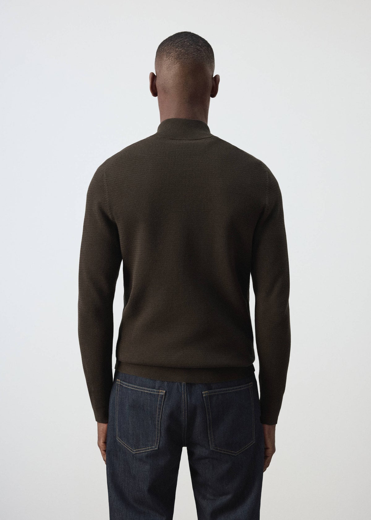 Cotton Blend Textured Zip Neck Jumper in Brown - view 03