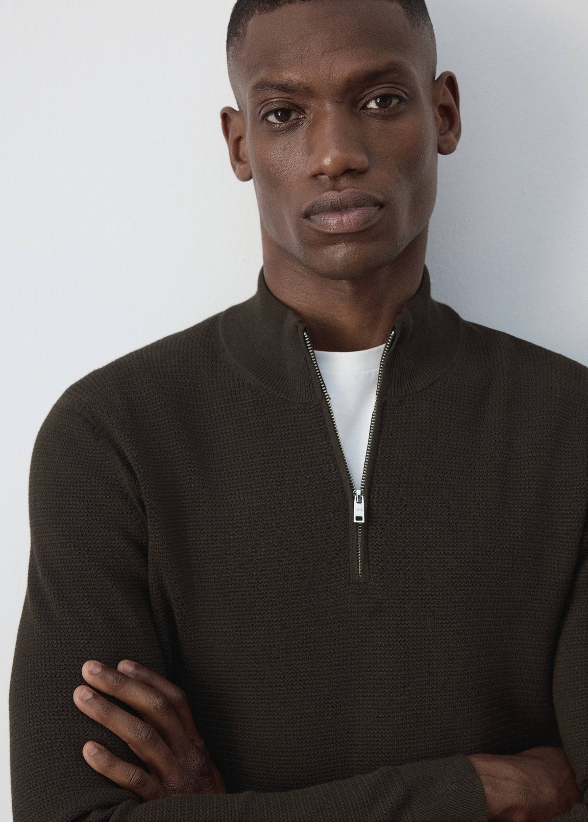 Cotton Blend Textured Zip Neck Jumper in Brown - view 04