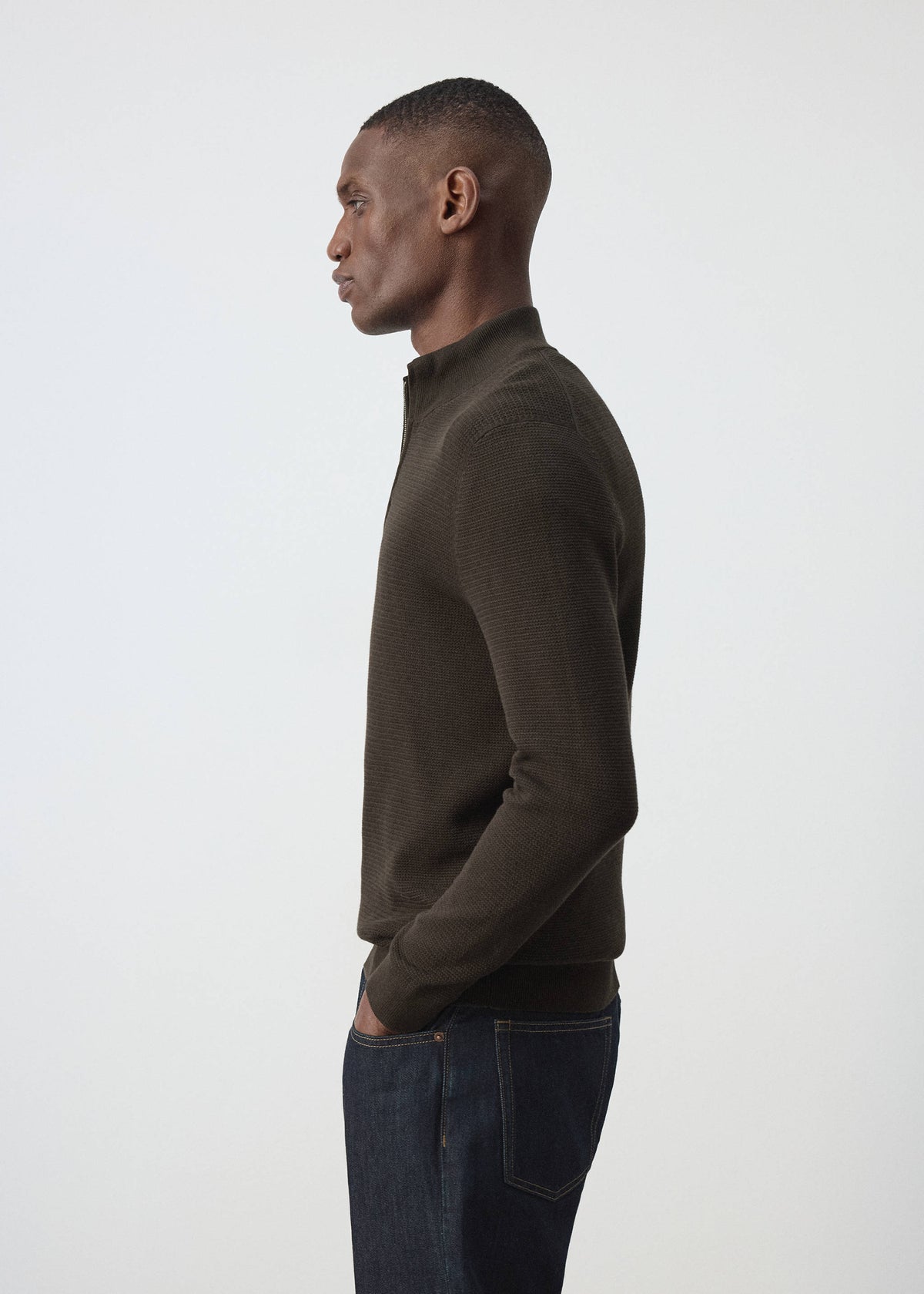 Cotton Blend Textured Zip Neck Jumper in Brown - view 05