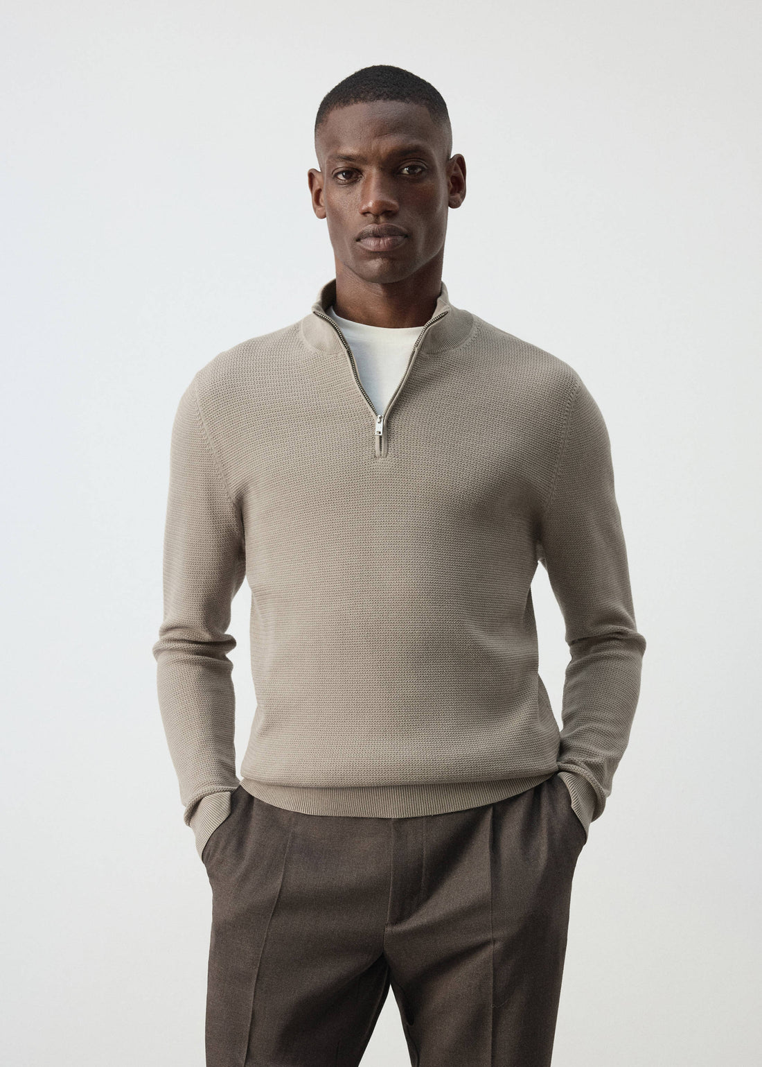 Cotton Blend Textured Zip Neck Jumper in Mink Grey - view 01