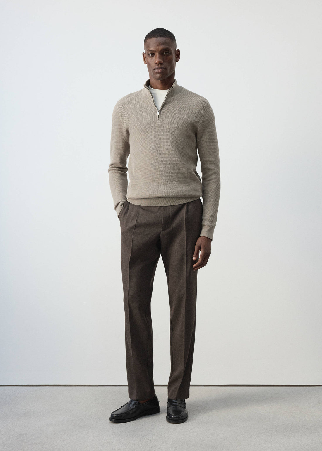 Cotton Blend Textured Zip Neck Jumper in Mink Grey - view 01
