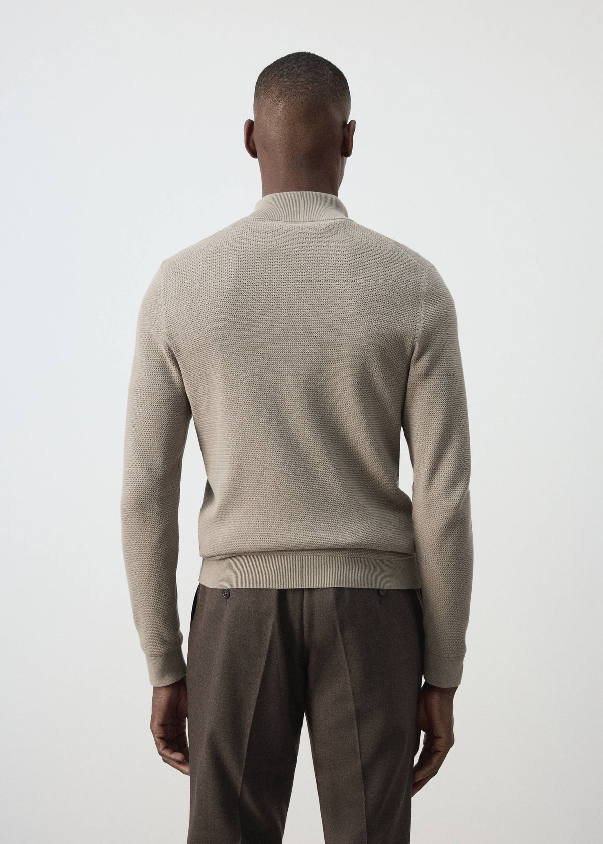 Cotton Blend Textured Zip Neck Jumper in Mink Grey - view 03