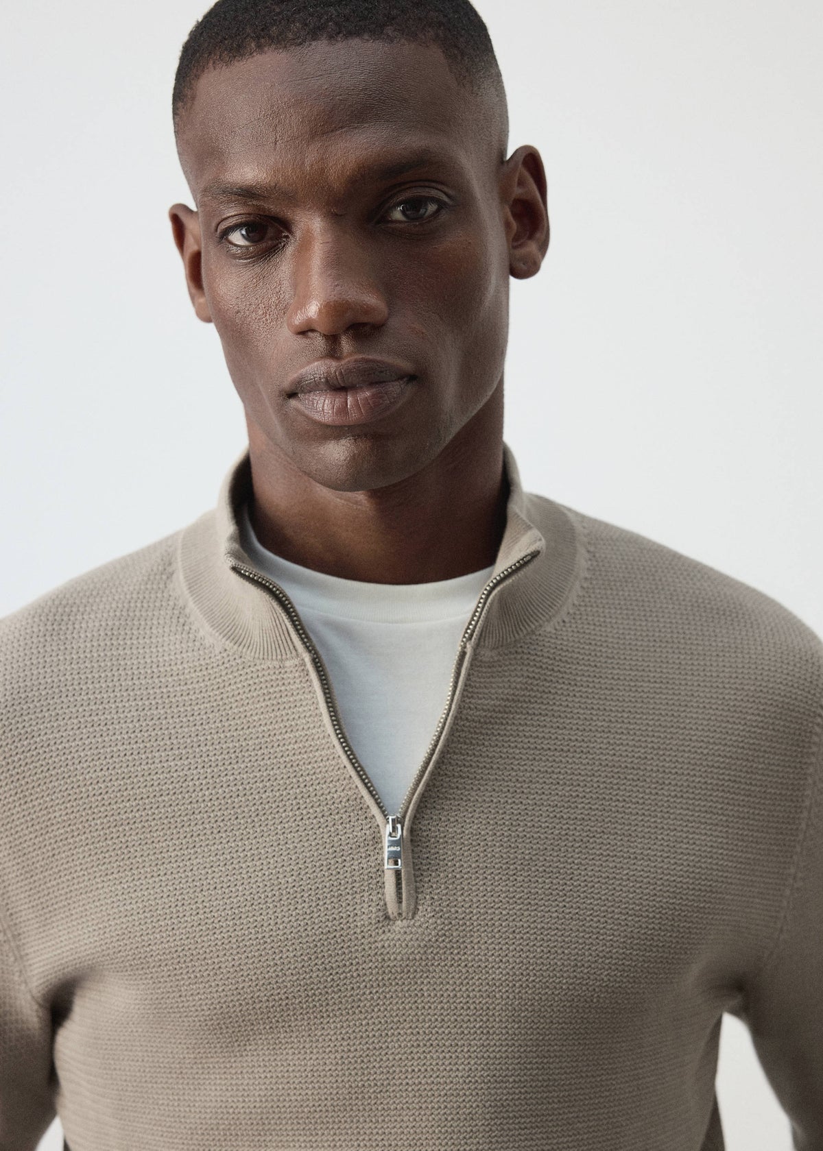Cotton Blend Textured Zip Neck Jumper in Mink Grey - view 04