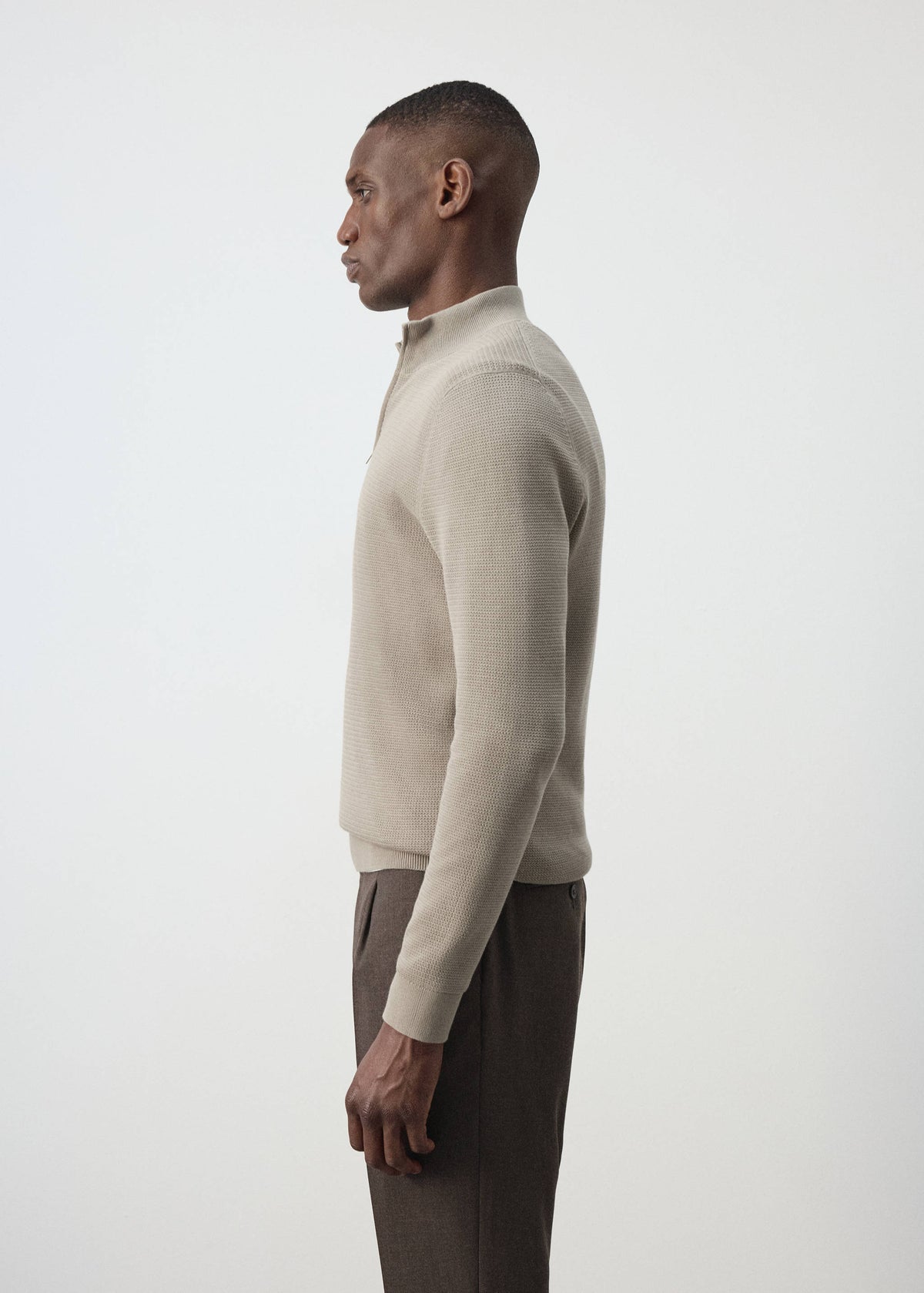 Cotton Blend Textured Zip Neck Jumper in Mink Grey - view 05