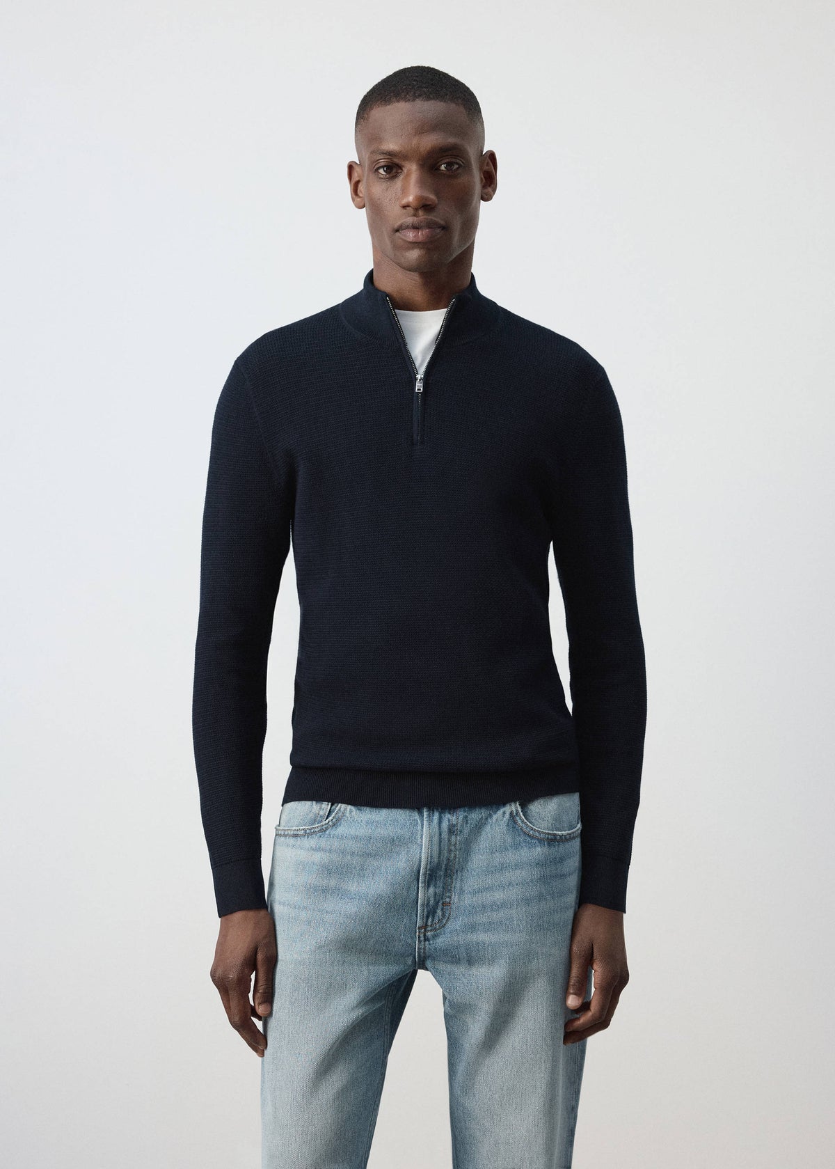 Cotton Blend Textured Zip Neck Jumper in Navy - view 01