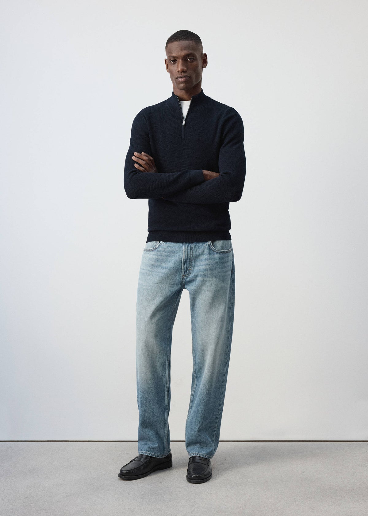Cotton Blend Textured Zip Neck Jumper in Navy - view 02