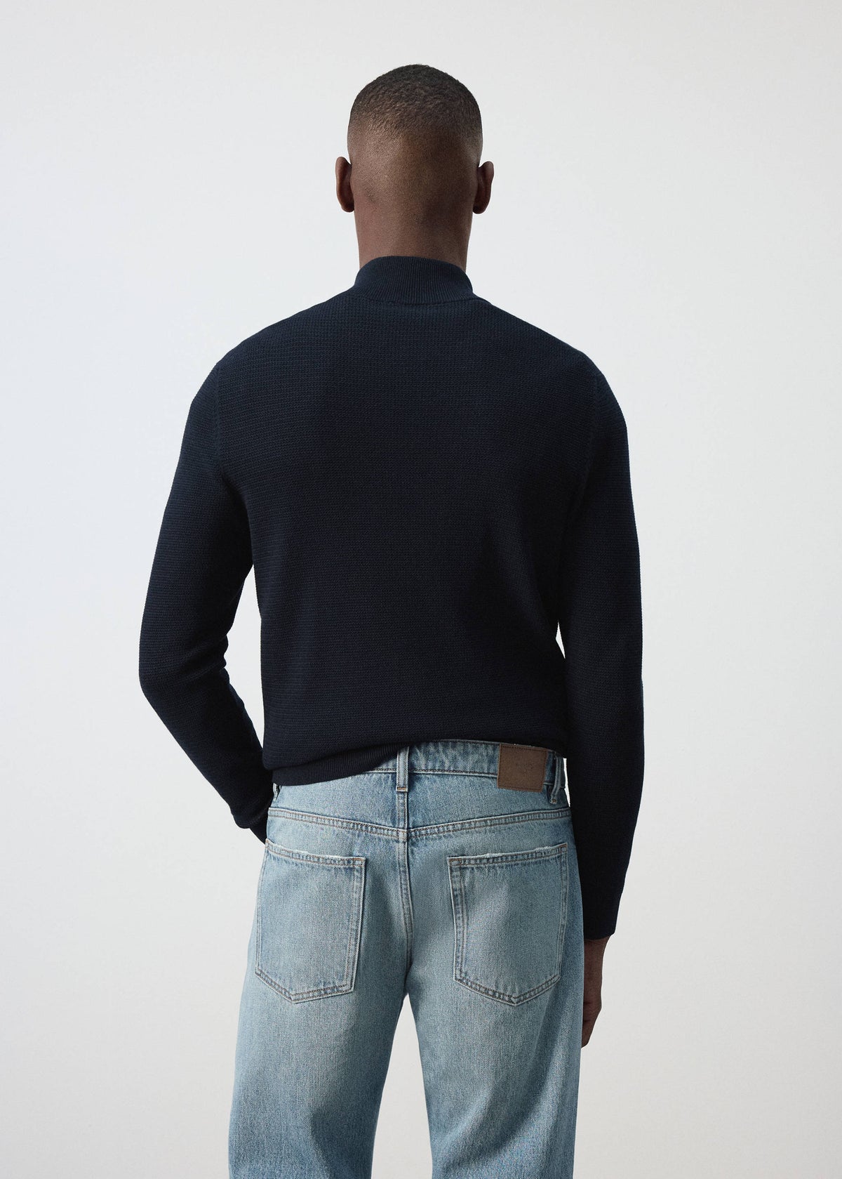 Cotton Blend Textured Zip Neck Jumper in Navy - view 03