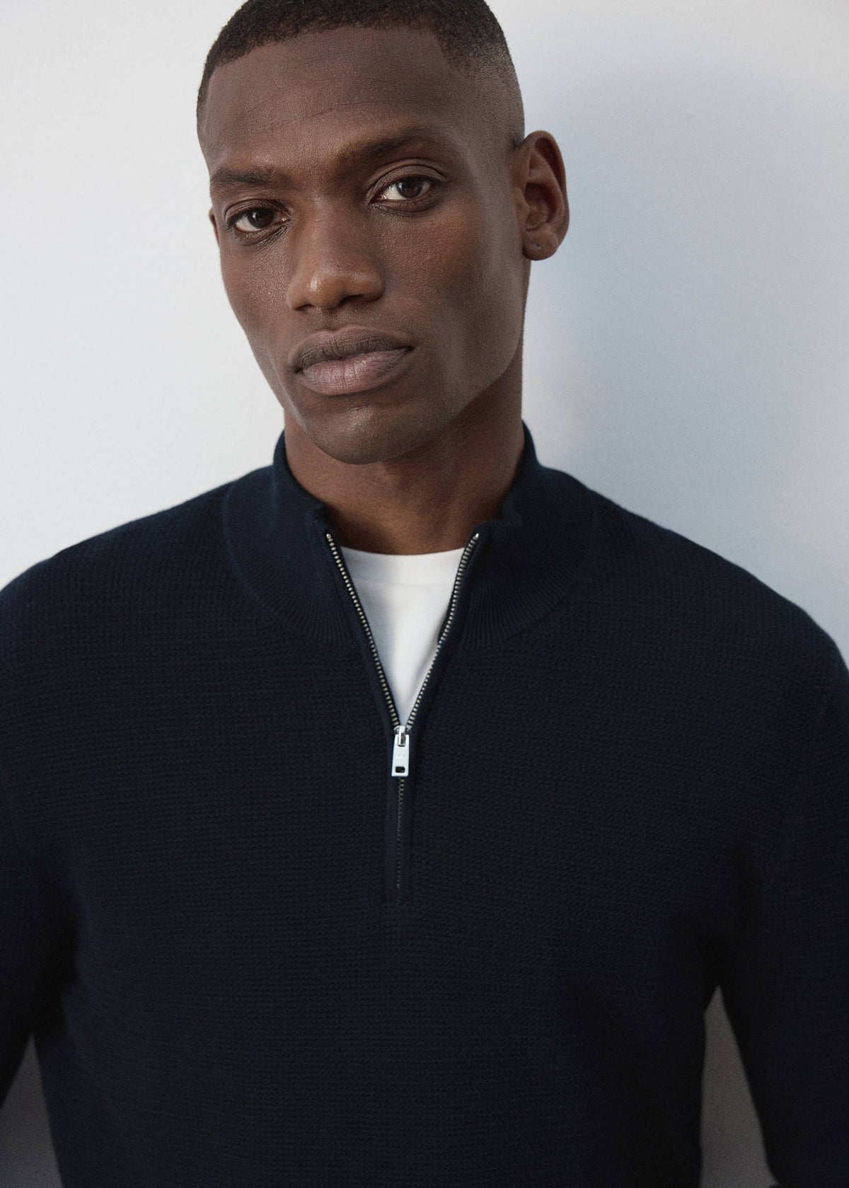 Cotton Blend Textured Zip Neck Jumper in Navy - view 04