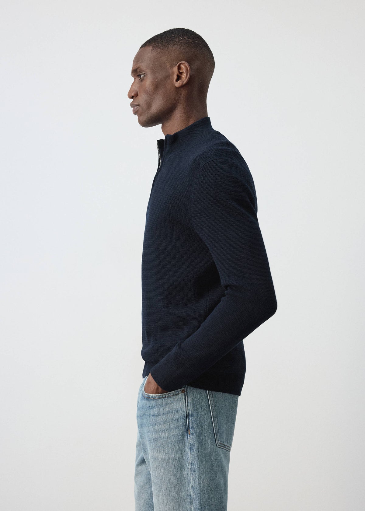 Cotton Blend Textured Zip Neck Jumper in Navy - view 05