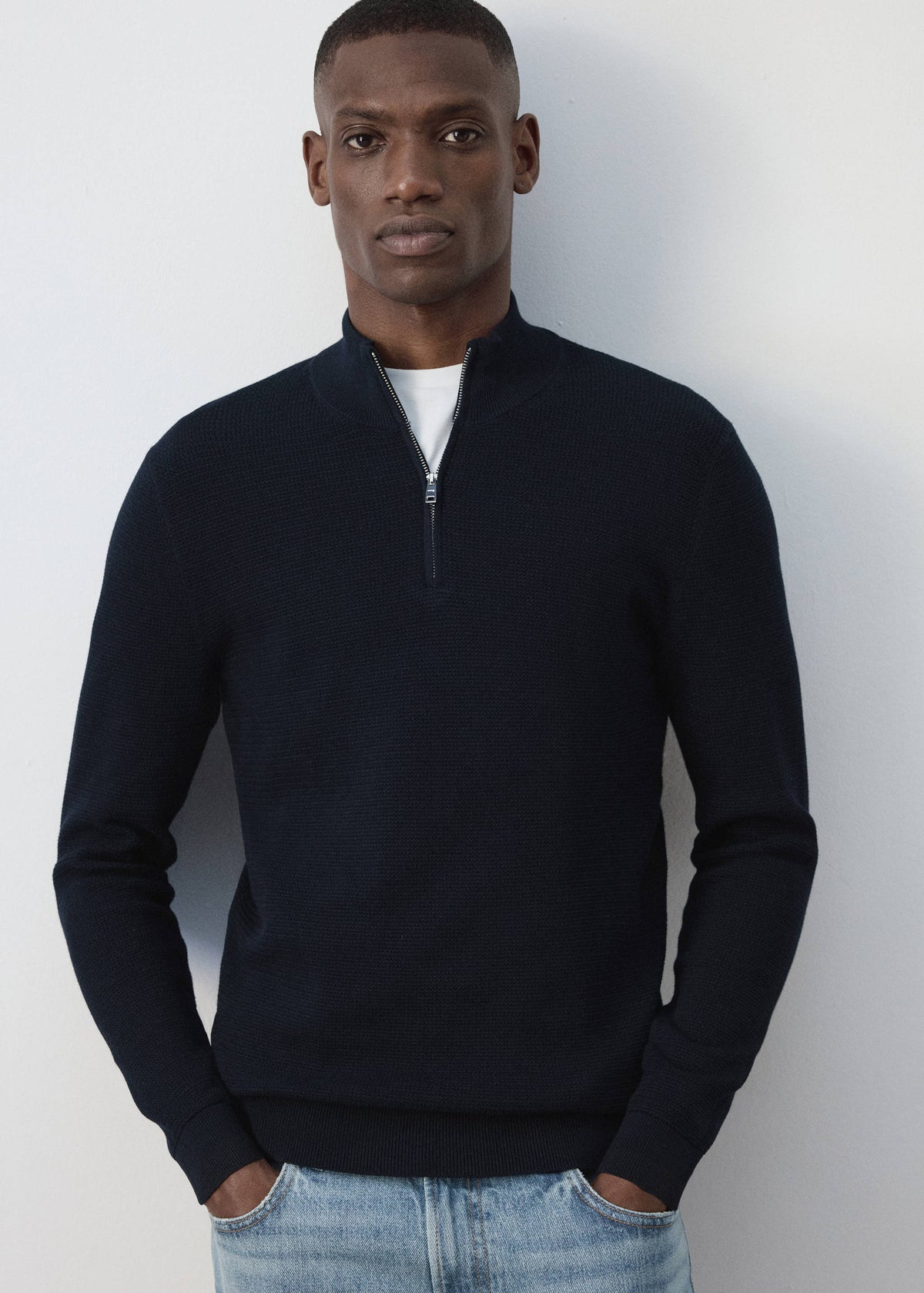 Cotton Blend Textured Zip Neck Jumper in Navy - view 06
