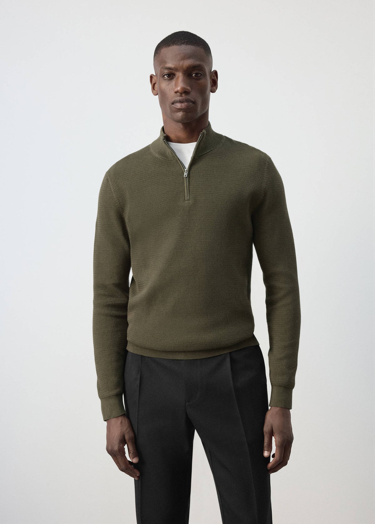 Cotton Blend Textured Zip Neck Jumper in Olive Green - view 01