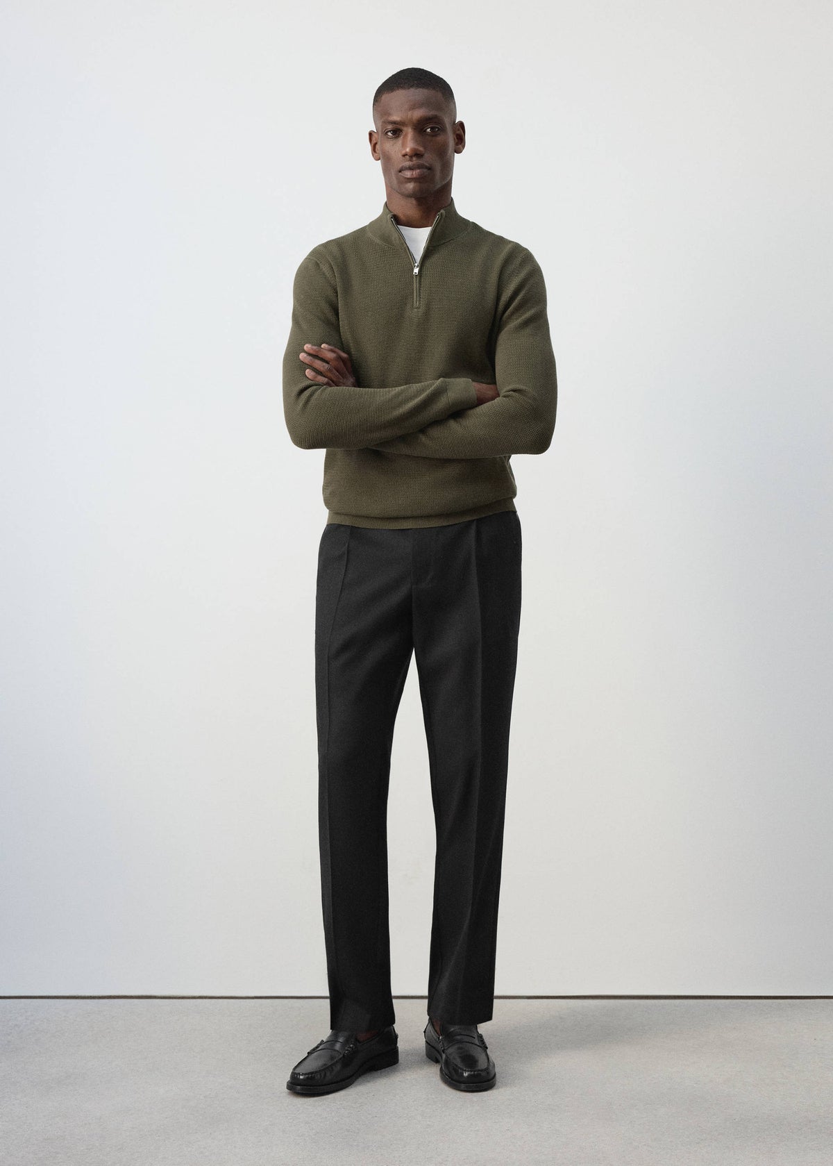 Cotton Blend Textured Zip Neck Jumper in Olive Green - view 02