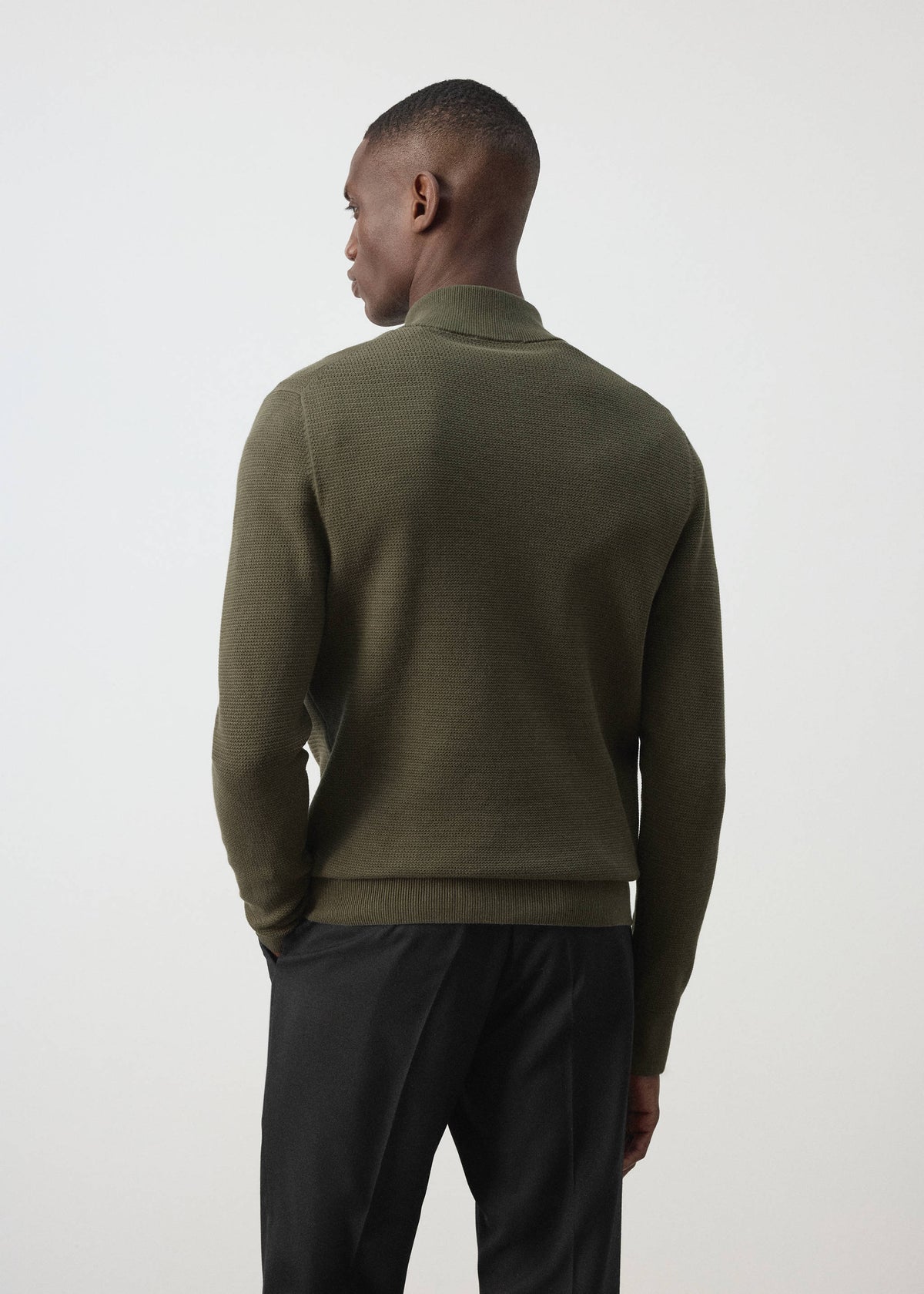 Cotton Blend Textured Zip Neck Jumper in Olive Green - view 03