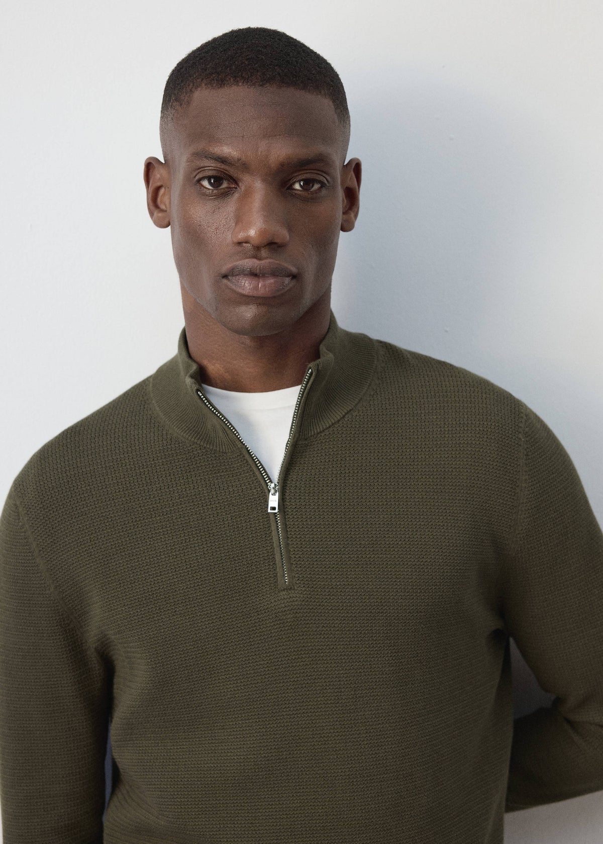Cotton Blend Textured Zip Neck Jumper in Olive Green - view 04