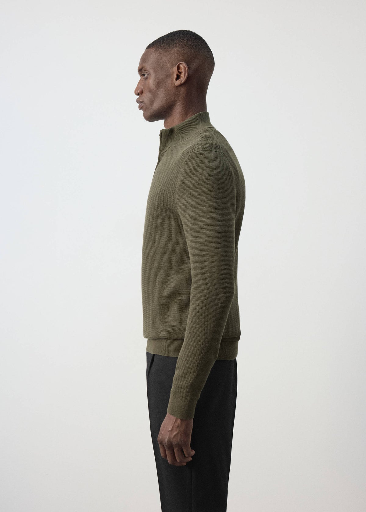 Cotton Blend Textured Zip Neck Jumper in Olive Green - view 05
