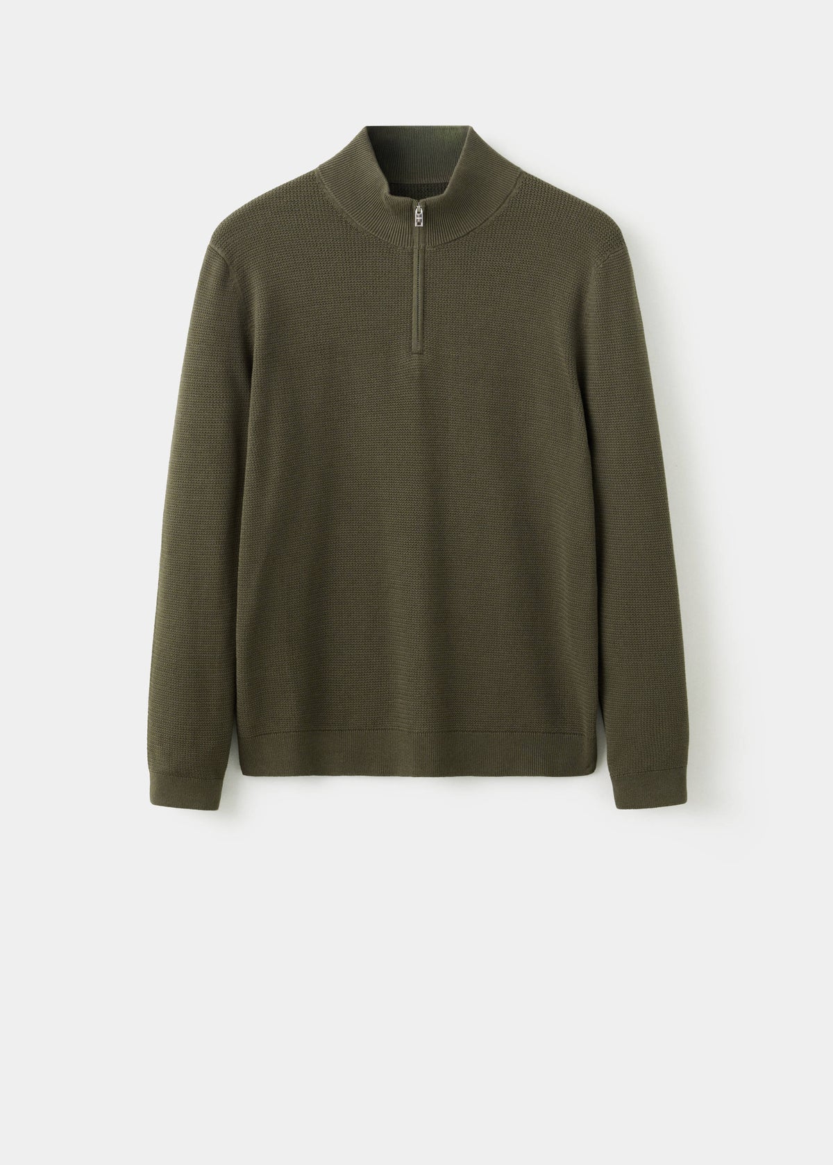 Cotton Blend Textured Zip Neck Jumper in Olive Green - view 06