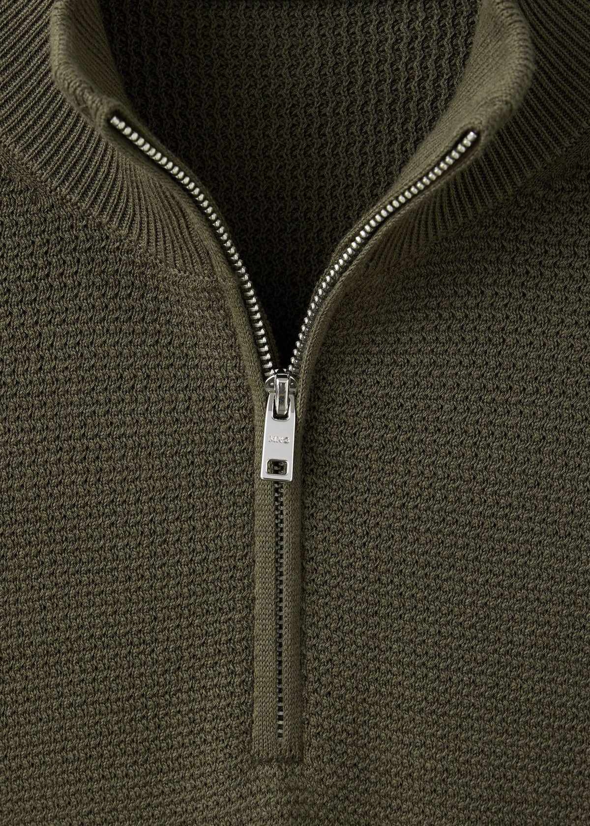 Cotton Blend Textured Zip Neck Jumper in Olive Green - view 07
