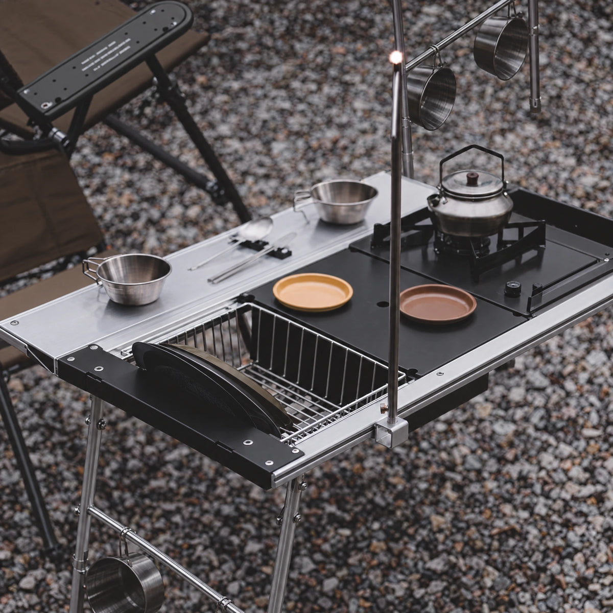 Modular 3-unit IGT camping table set up at an outdoor campsite