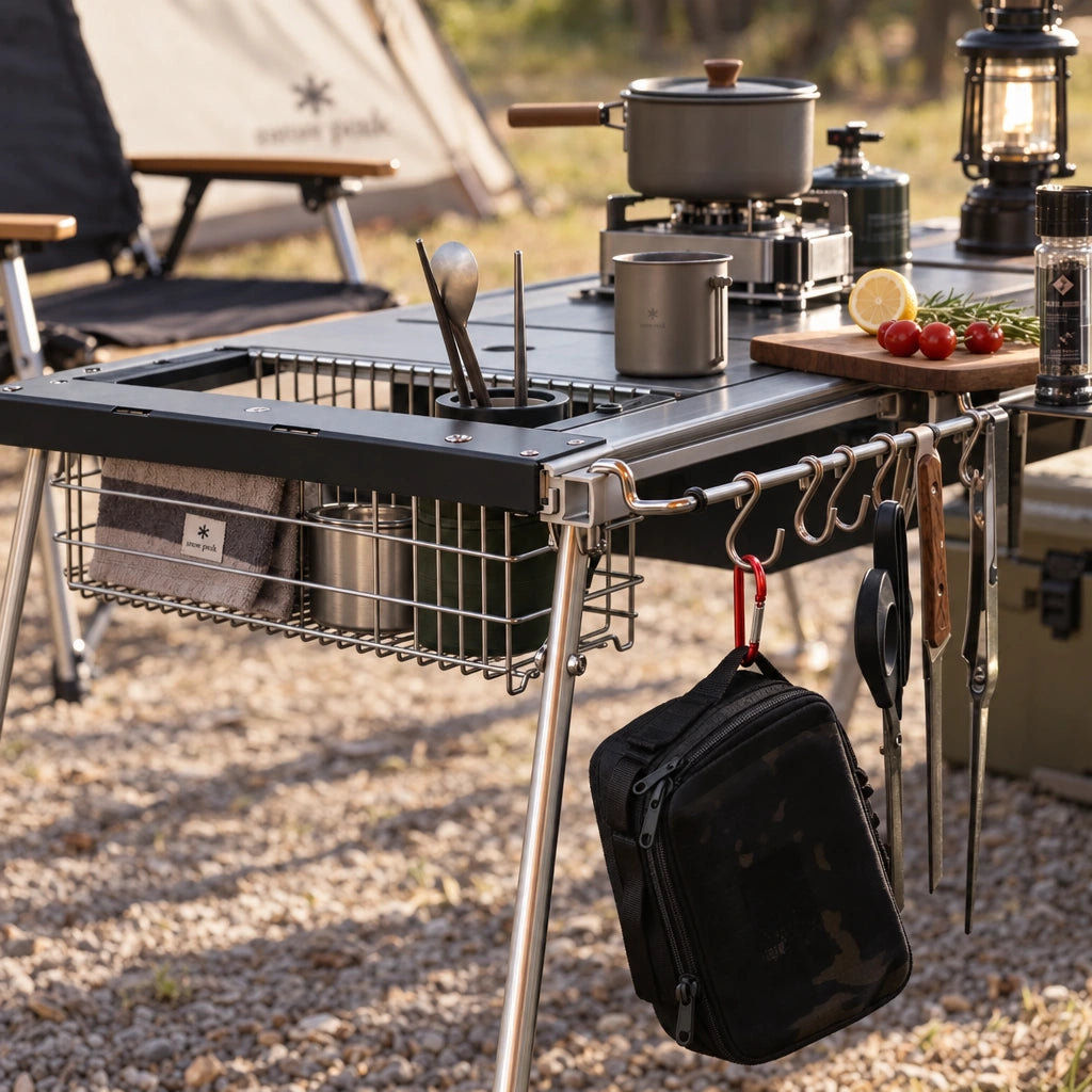 Modular camping table used for outdoor cooking