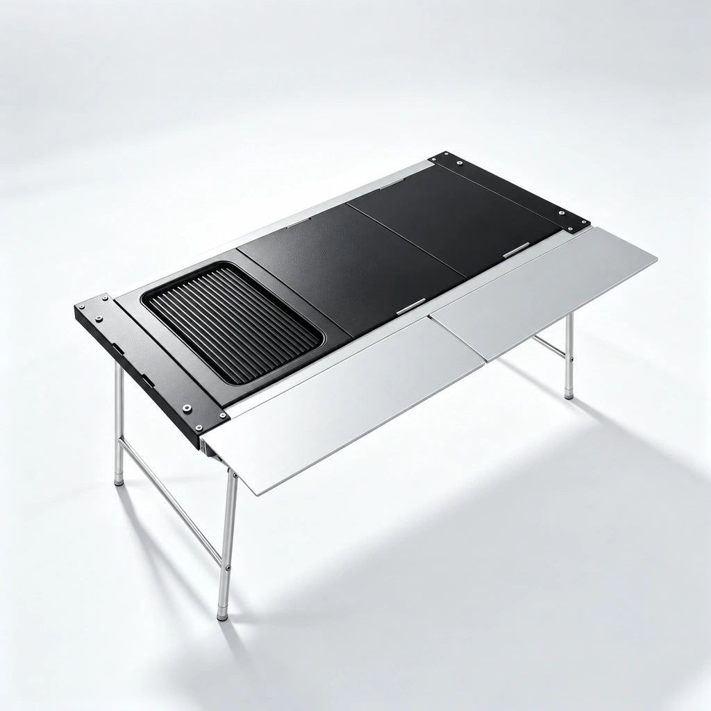 Modular camping table with black tabletop component