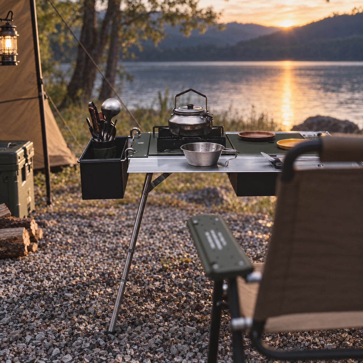 IGT camping table used beside a tent outdoors