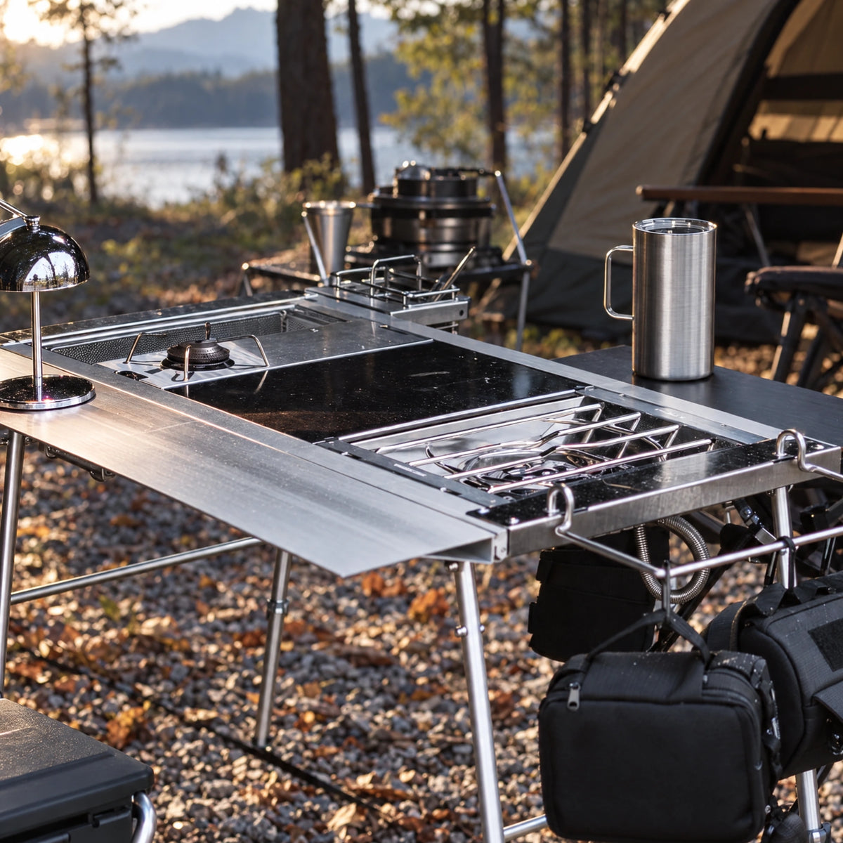 Outdoor cooking setup using a modular IGT camping table