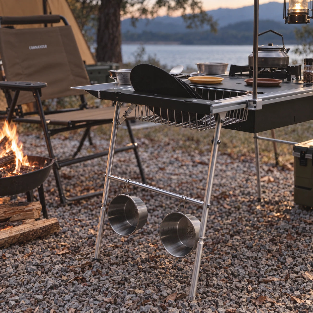 Modular camping table in use at a campsite