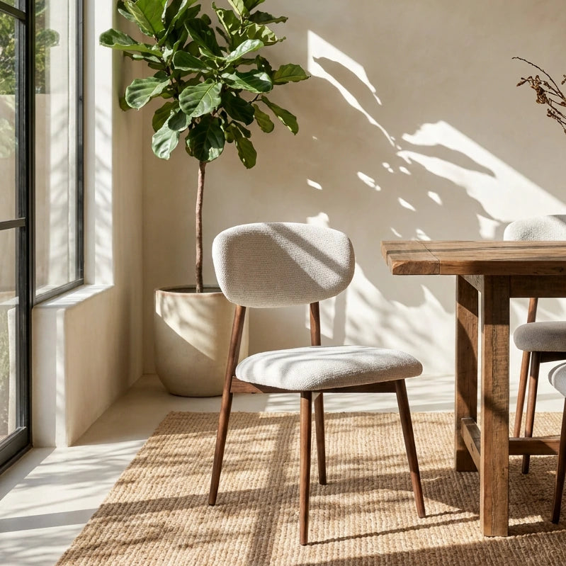 Light grey upholstered Japandi dining chair with a walnut-brown frame beside a dining table