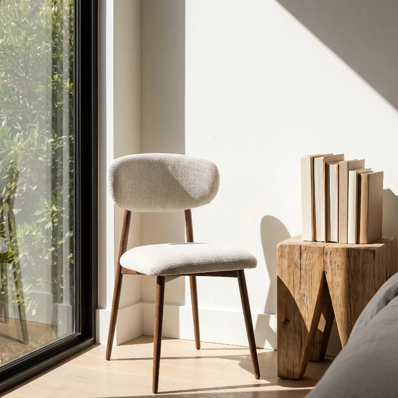 Japandi dining chair beside a window and wooden side table in a warm neutral interior