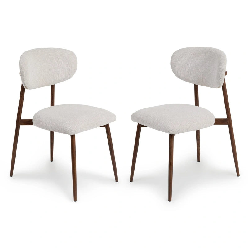 Two matching Japandi dining chairs with walnut-brown frames and light grey upholstery