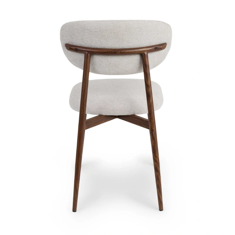 Rear view of the walnut-brown frame and curved upholstered backrest