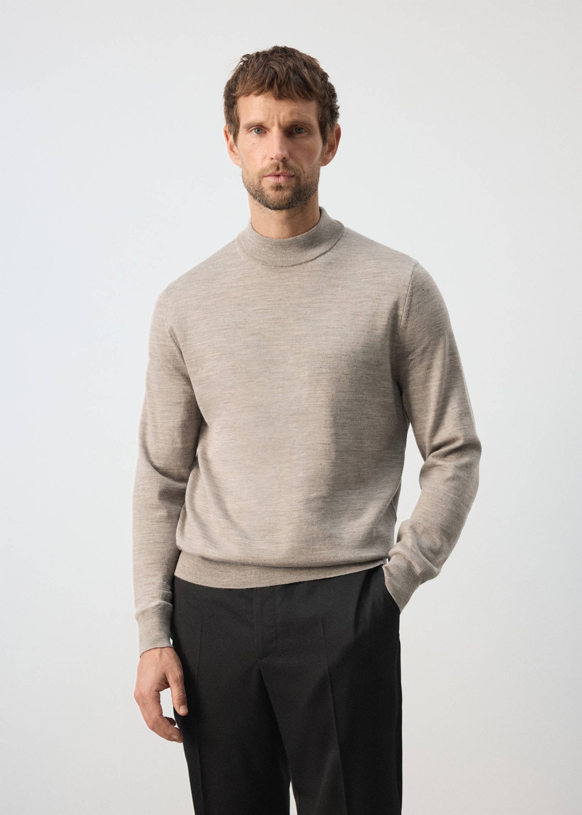 Merino Wool Mock Neck Jumper in Mink Grey - view 01