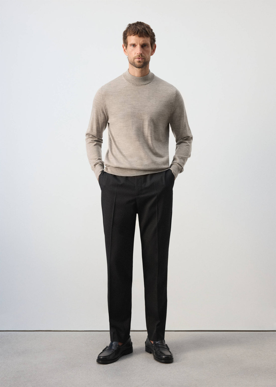 Merino Wool Mock Neck Jumper in Mink Grey - view 01