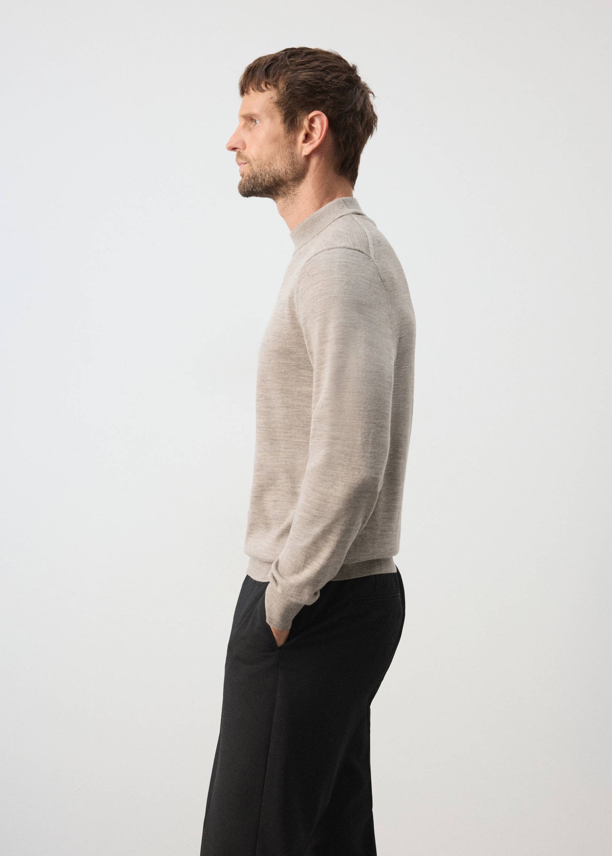 Merino Wool Mock Neck Jumper in Mink Grey - view 05