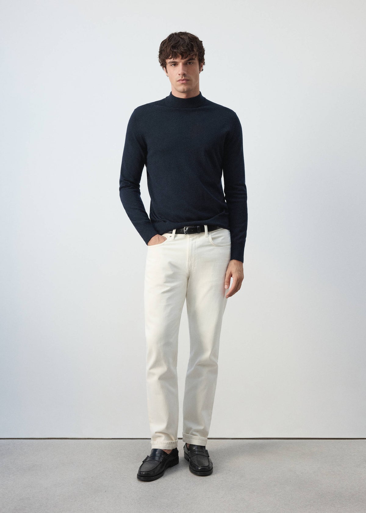Merino Wool Mock Neck Jumper in Navy - view 02