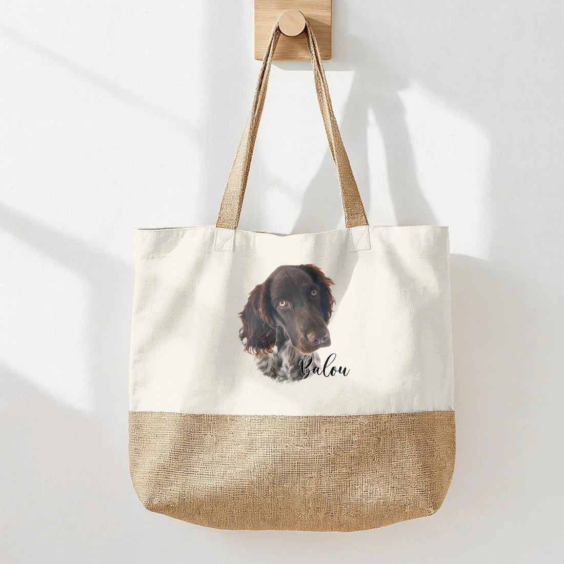 Personalised pet portrait tote bag shown with a custom dog portrait