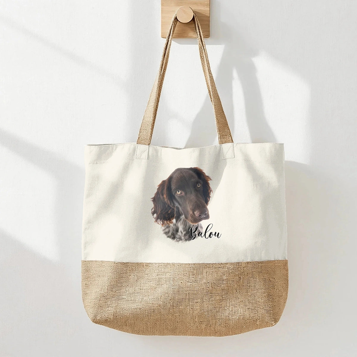 Personalised pet portrait tote bag shown with a custom dog portrait