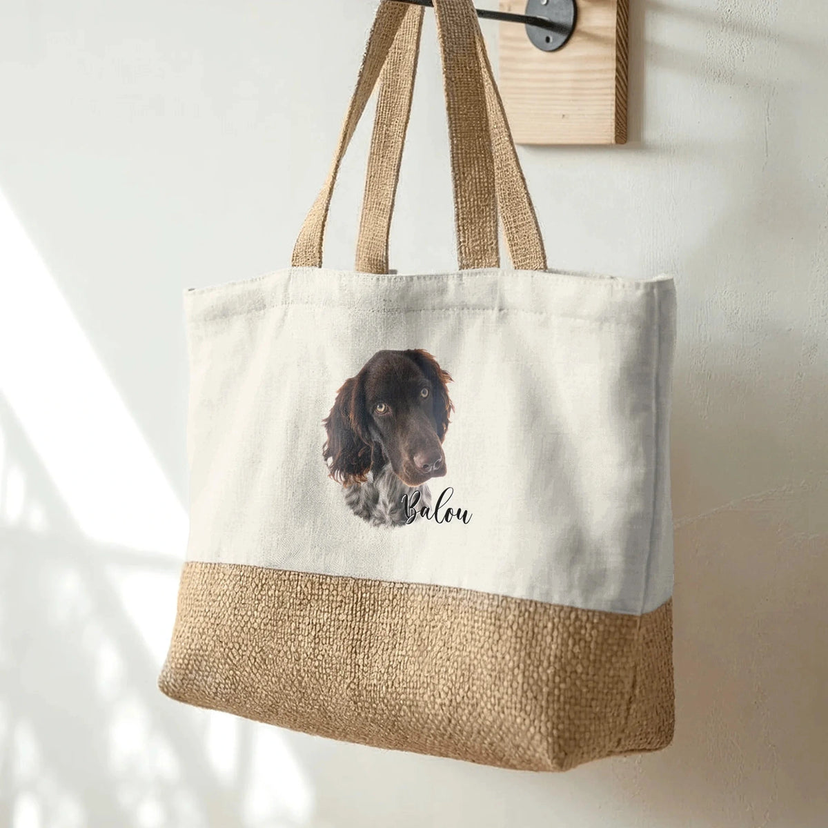 Personalised pet portrait bag displayed with a custom animal illustration