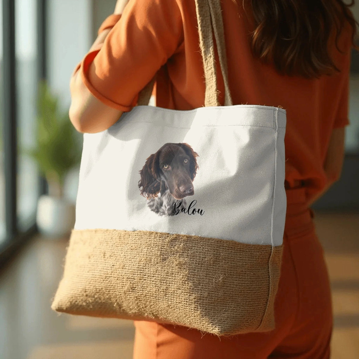 Close-up of the printed pet portrait design on a reusable tote bag