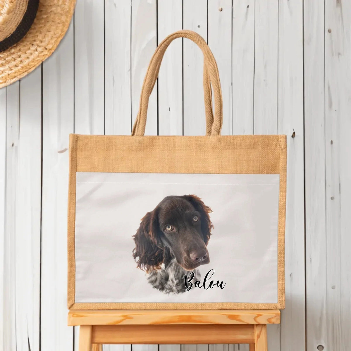 Personalised beach bag with a custom pet portrait and long cotton handles