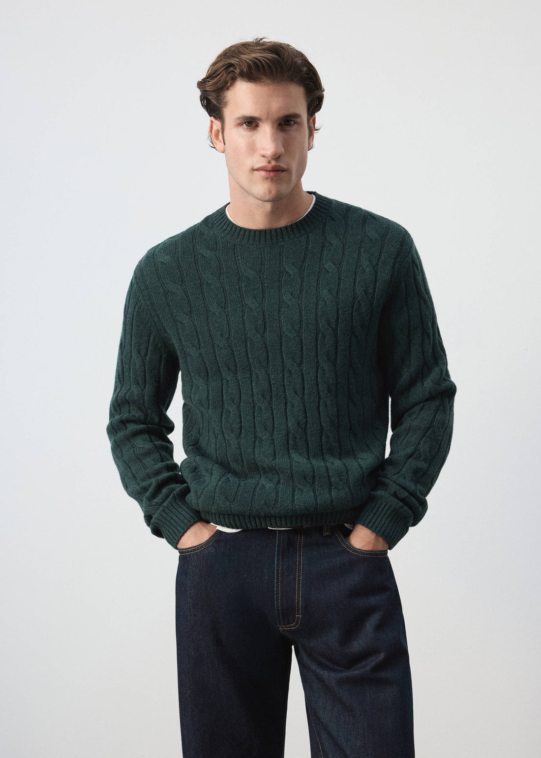 Pure Wool Cable Knit Crew Neck Jumper in Dark Green - view 01