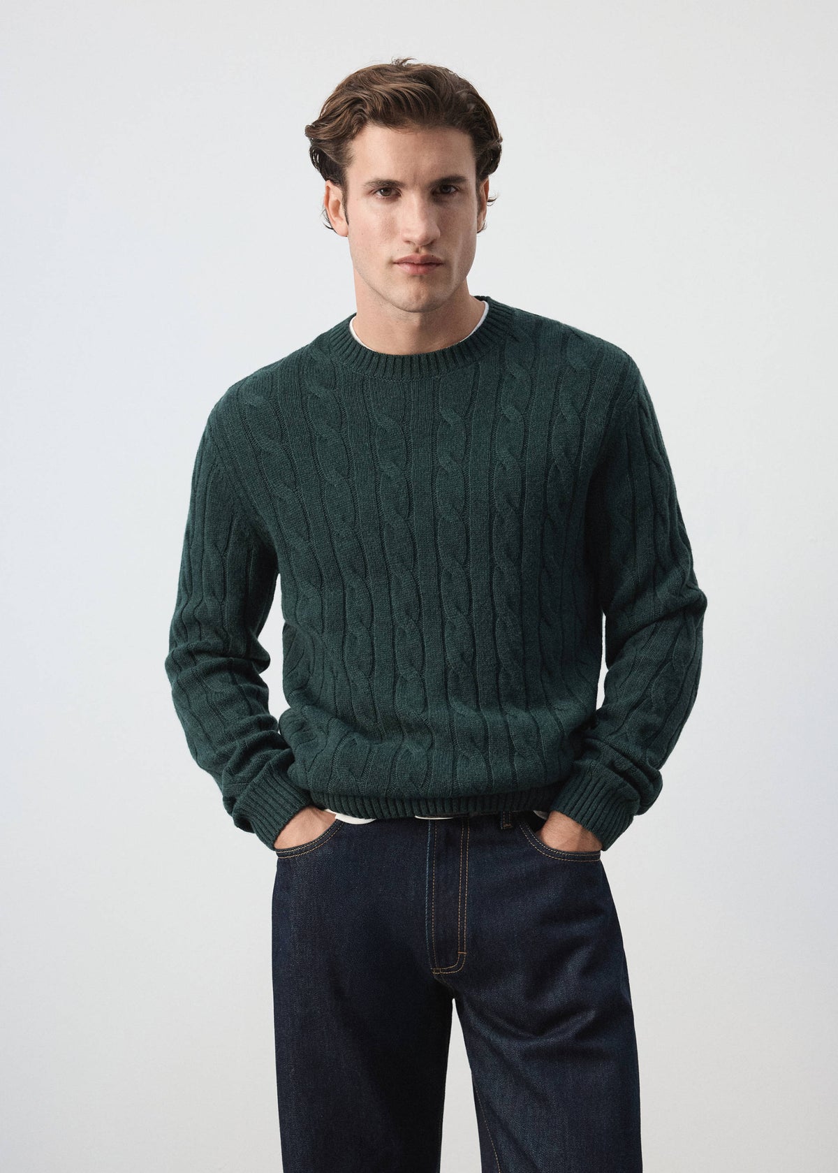 Pure Wool Cable Knit Crew Neck Jumper in Dark Green - view 01